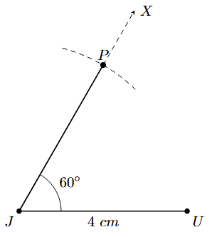 Step 3: Mark point P on ray JX such that JP=4cm